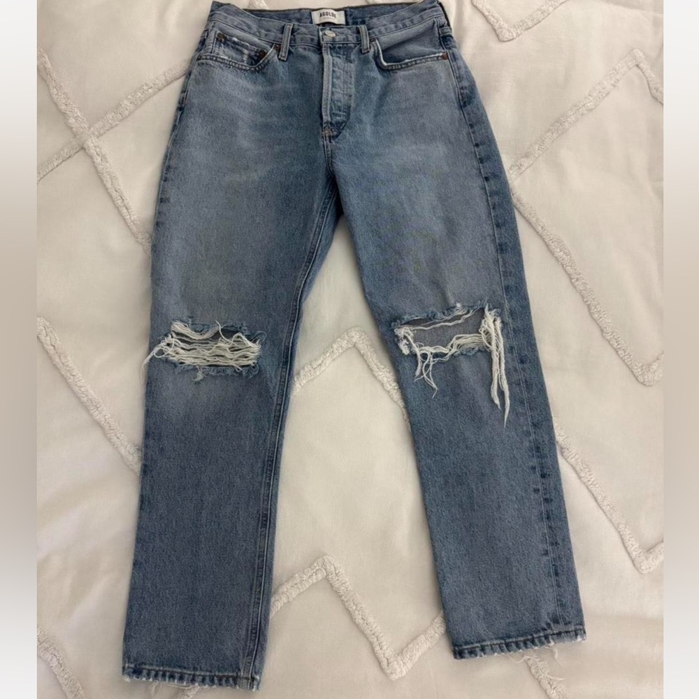 Agolde Light Blue Distressed Straight Leg Jeans